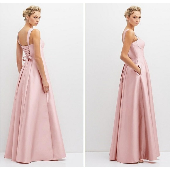 ALFRED SUNG Lace-Up Bustier Full Skirt Pockets Satin Pink Maxi Dress NWT 18 - Picture 2 of 13